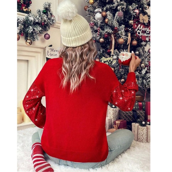 Christmas Red Turtleneck Sweater with Sequin Sleeves - Picture 6 of 8
